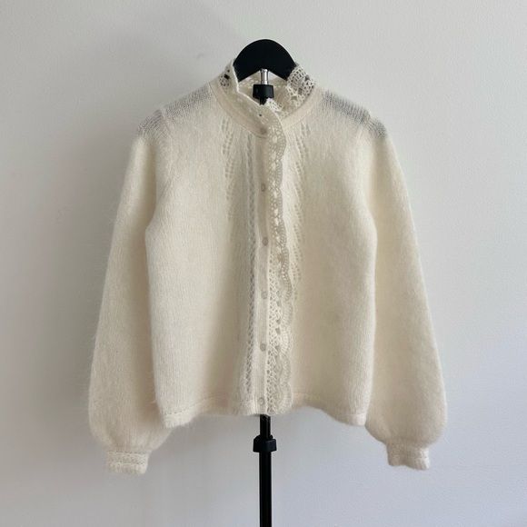 Sezane Sweaters - Sezane Cream Angie Kid Mohair Wool Lace Trim Pointelle Knit Cardigan Size S